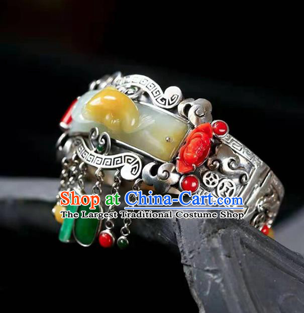 China Handmade Retro Silver Bracelet Traditional Jewelry Accessories National Jade Carving Bangle