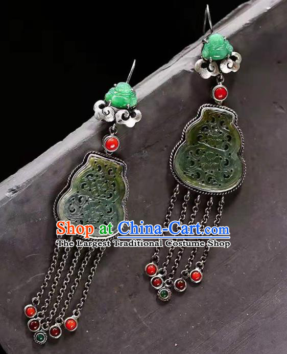 Handmade China National Jade Gourd Earrings Traditional Jewelry Accessories Cheongsam Silver Tassel Eardrop