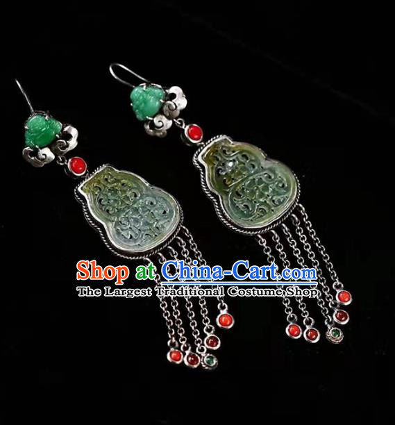 Handmade China National Jade Gourd Earrings Traditional Jewelry Accessories Cheongsam Silver Tassel Eardrop