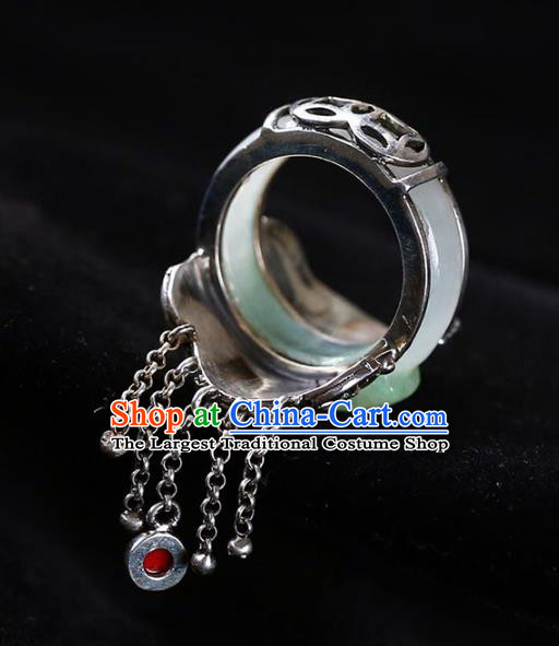 Chinese National Jade Ring Jewelry Traditional Handmade Silver Tassel Circlet Accessories