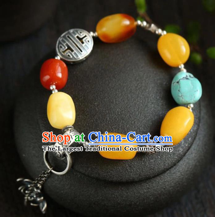 China Handmade Retro Silver Tassel Bracelet Traditional Jewelry Accessories National Beeswax Beads Bangle