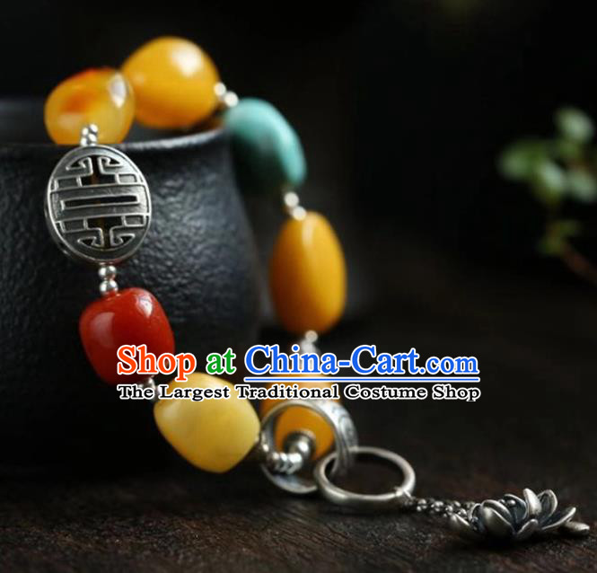 China Handmade Retro Silver Tassel Bracelet Traditional Jewelry Accessories National Beeswax Beads Bangle