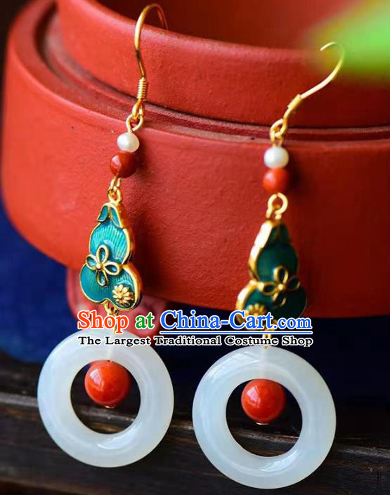 Handmade China Cheongsam Jade Eardrop Traditional Jewelry Accessories National Cloisonne Green Gourd Earrings