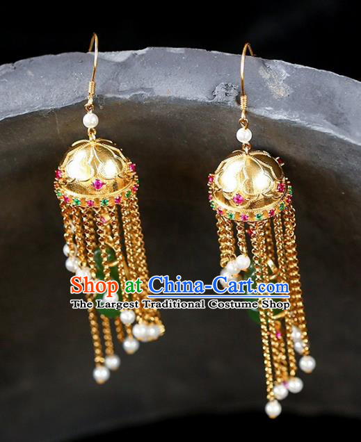 Handmade China Cheongsam Golden Tassel Eardrop Traditional Tourmaline Jewelry Accessories National Jade Peasecod Earrings