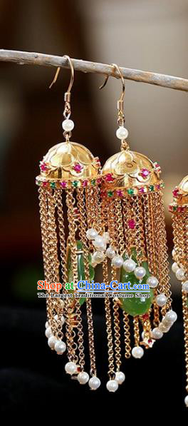 Handmade China Cheongsam Golden Tassel Eardrop Traditional Tourmaline Jewelry Accessories National Jade Peasecod Earrings