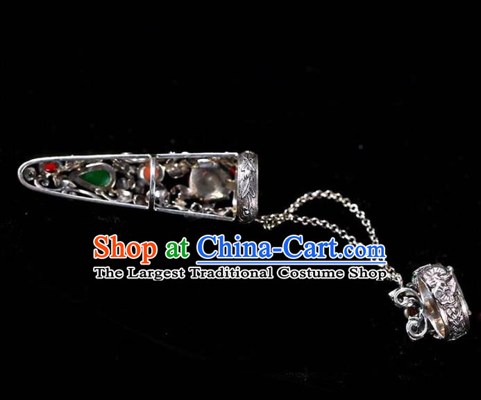 Chinese National Retro Silver Jewelry Traditional Handmade Accessories Jadeite Nail Wrap with Ring