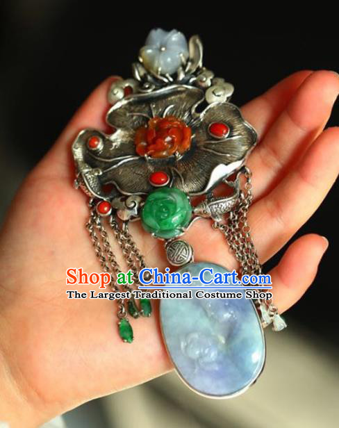 Chinese National Classical Silver Lotus Leaf Necklace Accessories Handmade Jade Goddess Guanyin Necklet Pendant