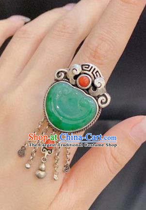 Chinese National Jadeite Carving Cloud Ring Jewelry Traditional Handmade Silver Tassel Circlet Accessories