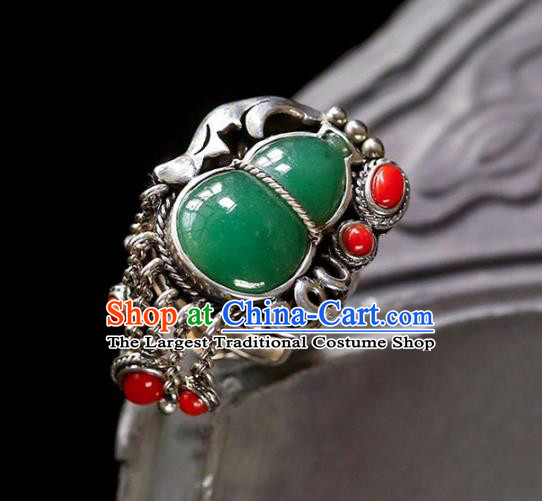 Chinese National Jadeite Gourd Ring Jewelry Traditional Handmade Agate Tassel Circlet Silver Accessories