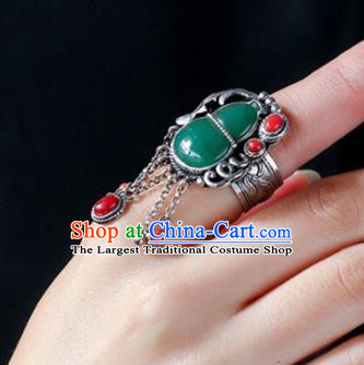 Chinese National Jadeite Gourd Ring Jewelry Traditional Handmade Agate Tassel Circlet Silver Accessories