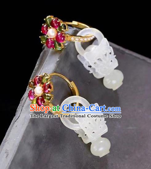 Handmade China Cheongsam Carving Basket Eardrop Traditional Tourmaline Jewelry Accessories National Jade Earrings