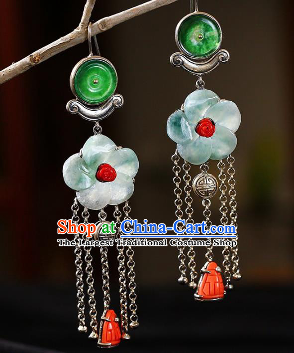 Handmade China National Silver Tassel Earrings Traditional Jewelry Accessories Cheongsam Jade Plum Eardrop