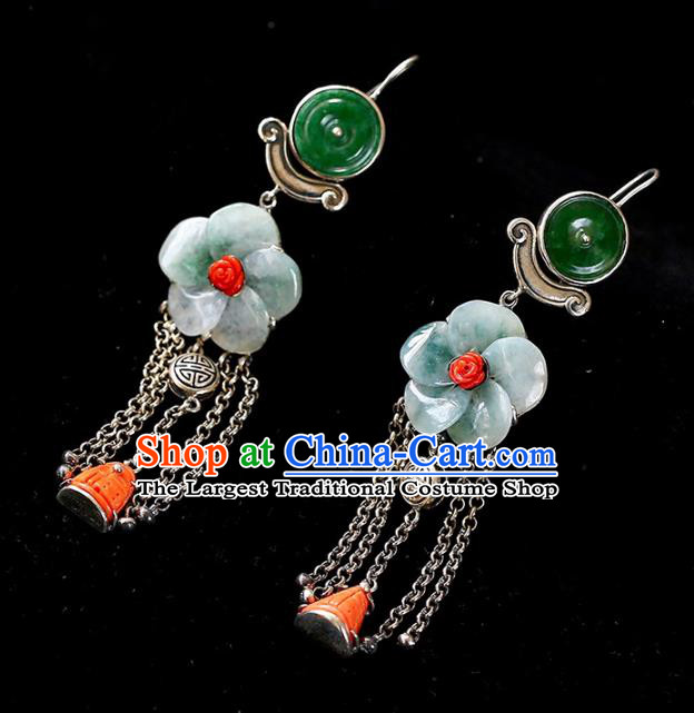 Handmade China National Silver Tassel Earrings Traditional Jewelry Accessories Cheongsam Jade Plum Eardrop