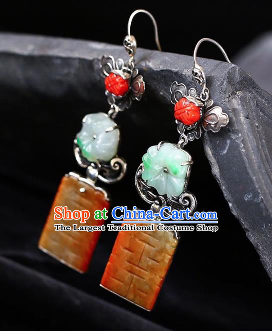 Handmade China Traditional Wedding Jewelry Accessories Cheongsam Jade Eardrop National Silver Earrings