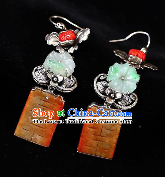 Handmade China Traditional Wedding Jewelry Accessories Cheongsam Jade Eardrop National Silver Earrings