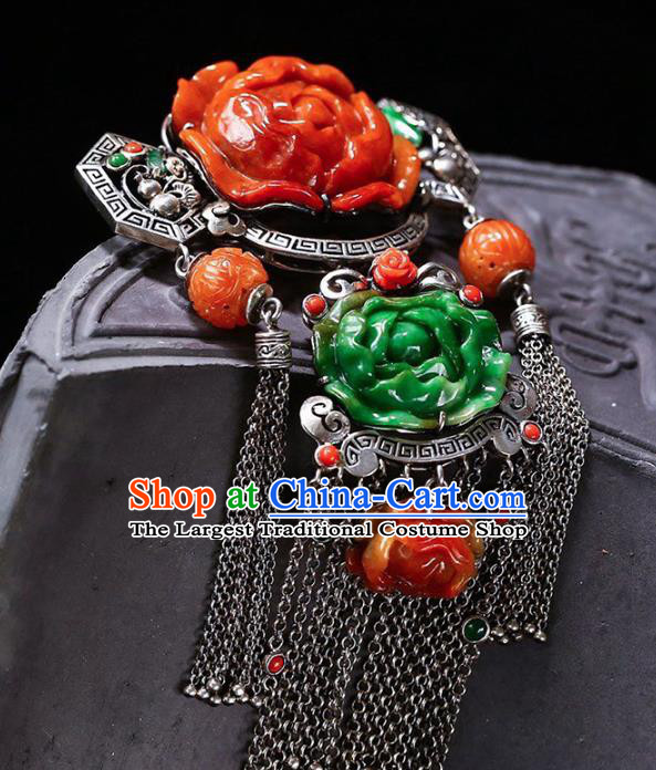 Chinese National Classical Jade Carving Peony Accessories Handmade Silver Tassel Necklet Pendant