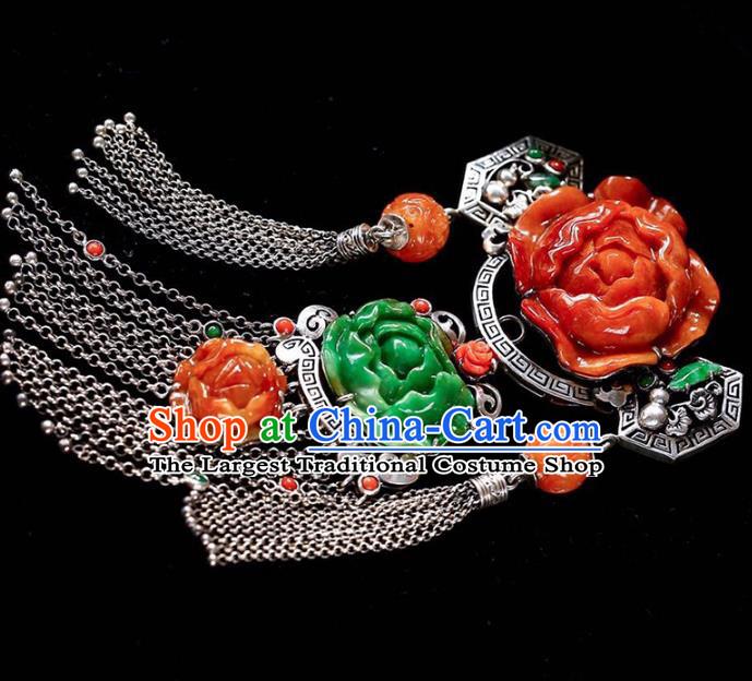 Chinese National Classical Jade Carving Peony Accessories Handmade Silver Tassel Necklet Pendant