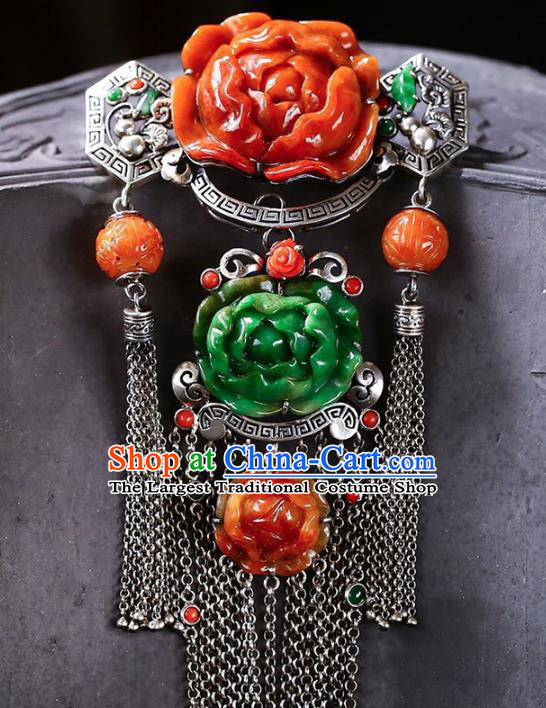 Chinese National Classical Jade Carving Peony Accessories Handmade Silver Tassel Necklet Pendant
