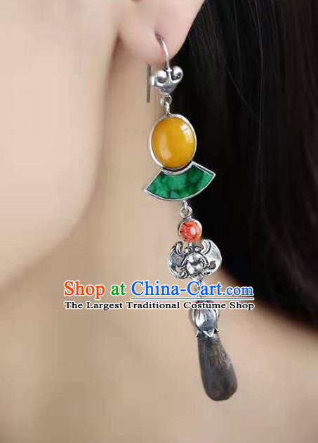 Handmade China Silver Bat Eardrop Jewelry Traditional Cheongsam Jade Accessories National Eaglewood Earrings