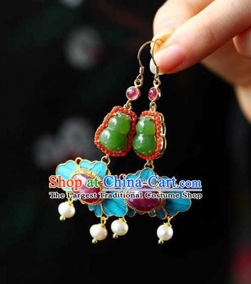 Handmade China Qing Dynasty Ruby Eardrop Jewelry Traditional Cheongsam Accessories National Jade Gourd Earrings