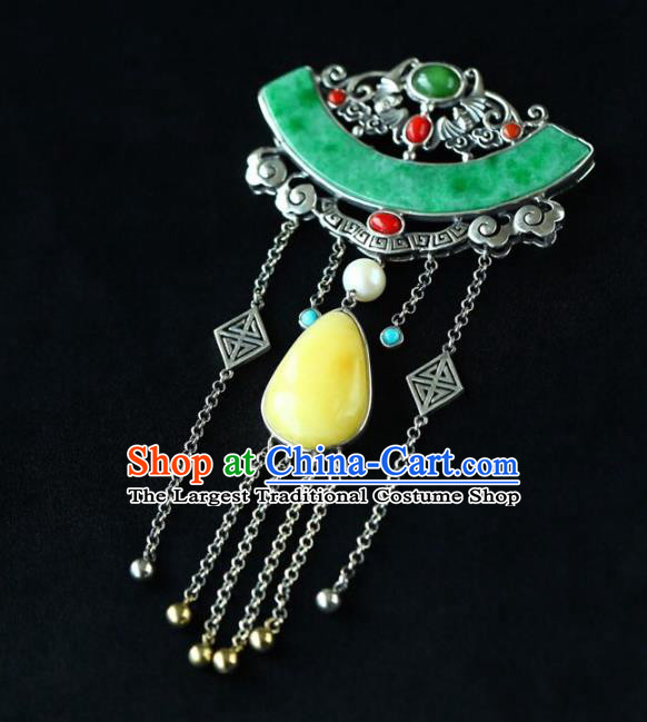 Chinese Classical Beeswax Necklet Pendant Handmade Jade Accessories National Silver Tassel Necklace