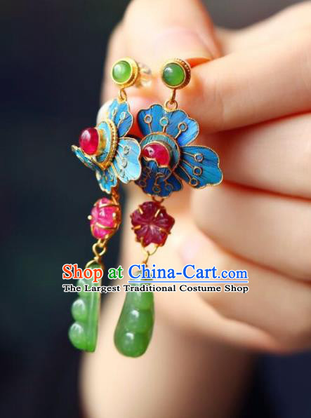 Handmade China Jade Peasecod Eardrop Jewelry Traditional Qing Dynasty Accessories National Cheongsam Blueing Earrings