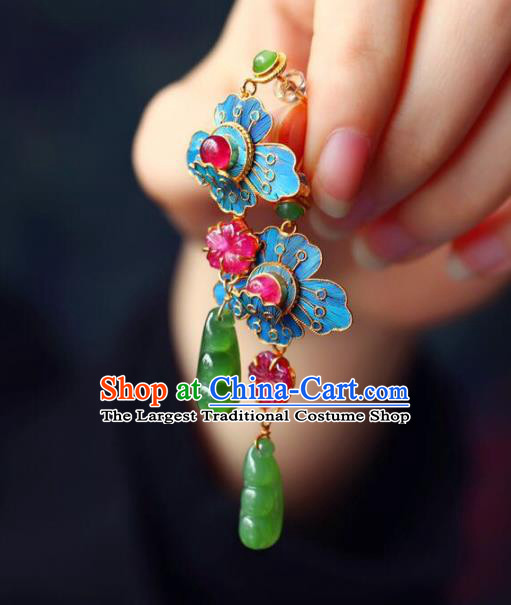 Handmade China Jade Peasecod Eardrop Jewelry Traditional Qing Dynasty Accessories National Cheongsam Blueing Earrings