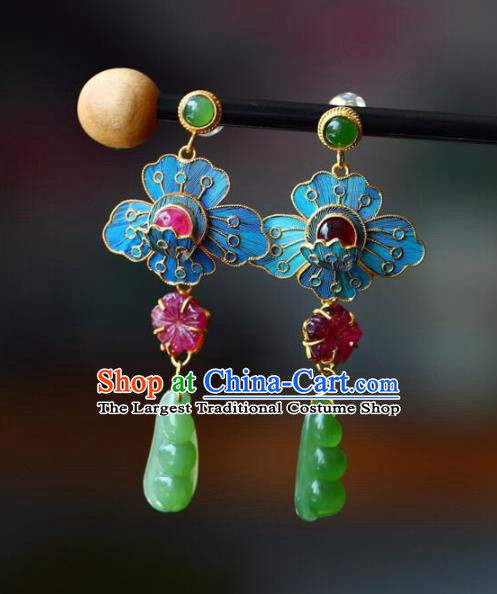 Handmade China Jade Peasecod Eardrop Jewelry Traditional Qing Dynasty Accessories National Cheongsam Blueing Earrings