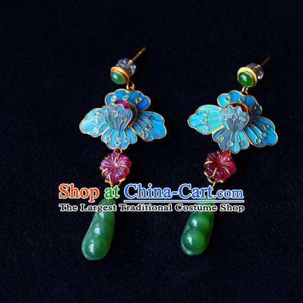 Handmade China Jade Peasecod Eardrop Jewelry Traditional Qing Dynasty Accessories National Cheongsam Blueing Earrings