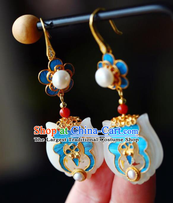Handmade China Eardrop Jewelry Traditional Pearls Accessories National Cheongsam White Jade Earrings
