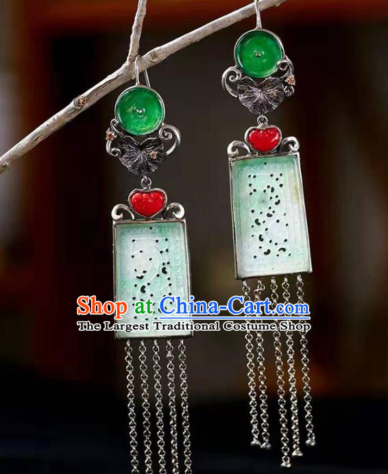 Handmade China Cheongsam Carving Dragon Eardrop National Jade Earrings Traditional Silver Tassel Jewelry Accessories
