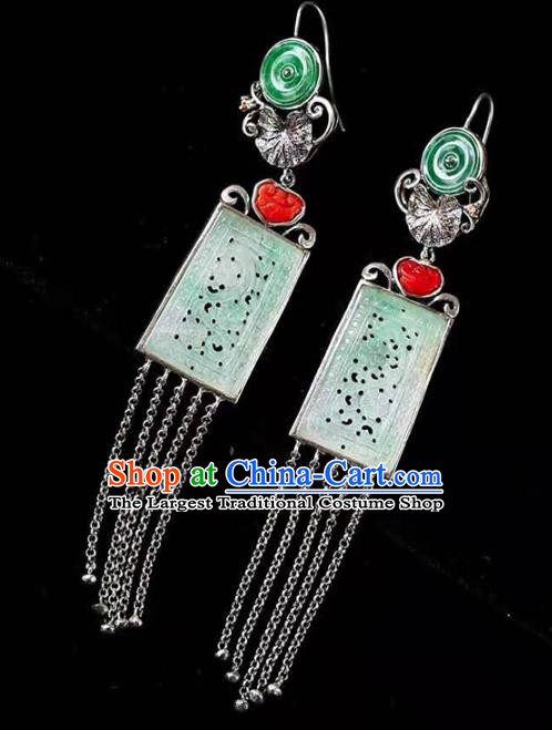 Handmade China Cheongsam Carving Dragon Eardrop National Jade Earrings Traditional Silver Tassel Jewelry Accessories