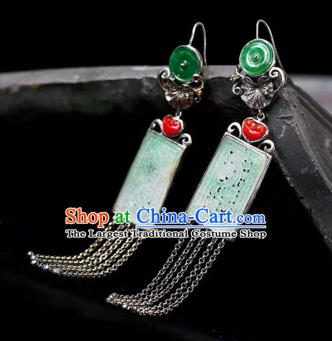 Handmade China Cheongsam Carving Dragon Eardrop National Jade Earrings Traditional Silver Tassel Jewelry Accessories
