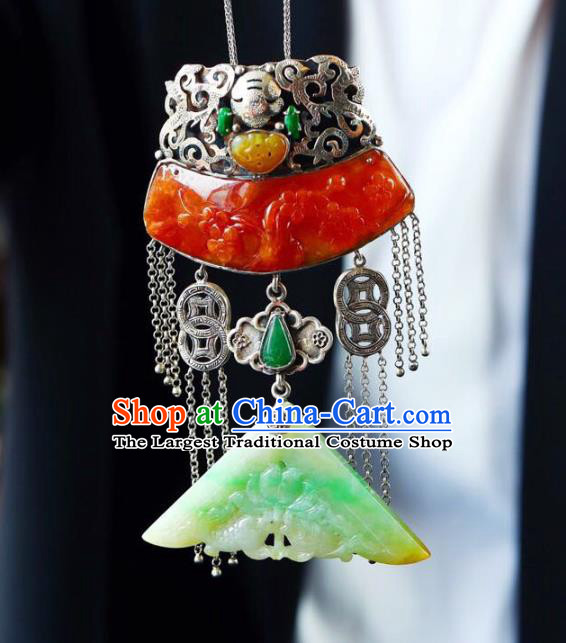 Chinese Classical Red Jade Carving Necklet Pendant Handmade Accessories National Silver Necklace