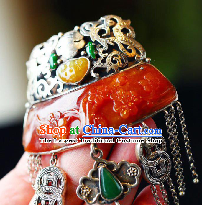 Chinese Classical Red Jade Carving Necklet Pendant Handmade Accessories National Silver Necklace