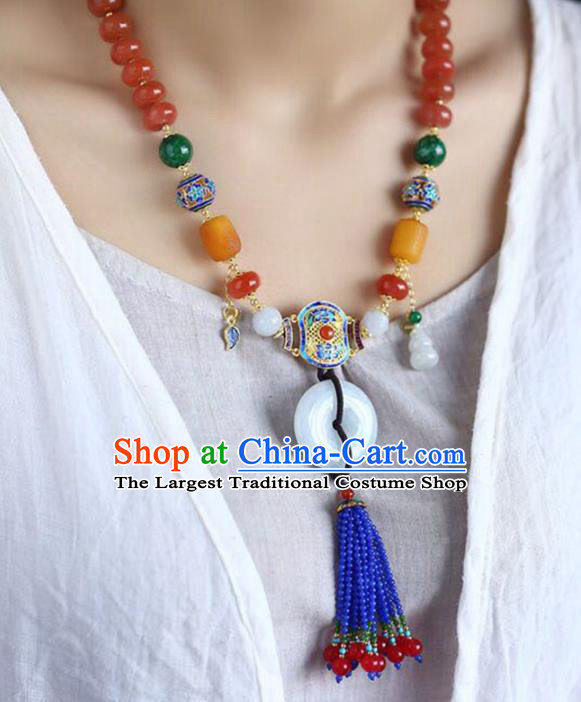 Chinese Classical Agate Necklet Pendant Handmade Jade Accessories National Blue Beads Tassel Necklace