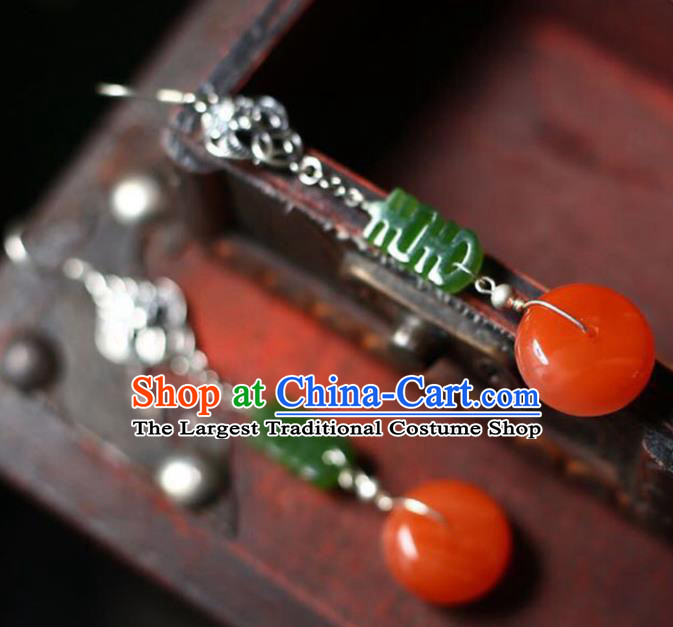 Handmade China Wedding Agate Eardrop Jewelry Traditional Accessories National Cheongsam Silver Bat Earrings