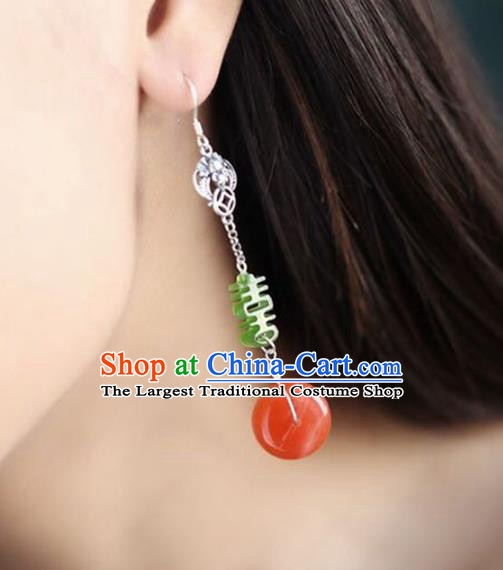 Handmade China Wedding Agate Eardrop Jewelry Traditional Accessories National Cheongsam Silver Bat Earrings