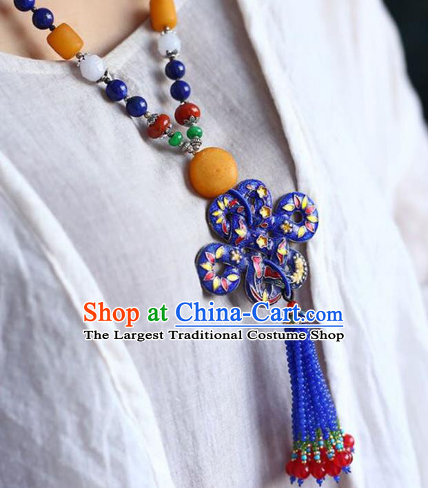 Chinese Classical Lapis Beads Tassel Necklet Pendant Handmade Accessories National Cloisonne Necklace