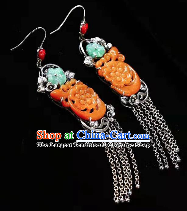 Handmade China National Earrings Traditional Silver Jewelry Accessories Cheongsam Yellow Jade Eardrop