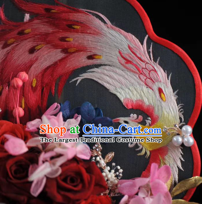 China Embroidered Phoenix Palace Fan Traditional Silk Fan Handmade Red Rose Wedding Fan