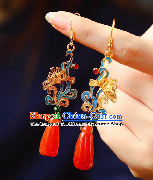 Handmade China Wedding Agate Eardrop Jewelry Traditional Cheongsam Accessories National Filigree Butterfly Earrings