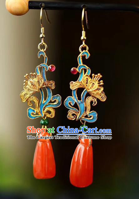 Handmade China Wedding Agate Eardrop Jewelry Traditional Cheongsam Accessories National Filigree Butterfly Earrings