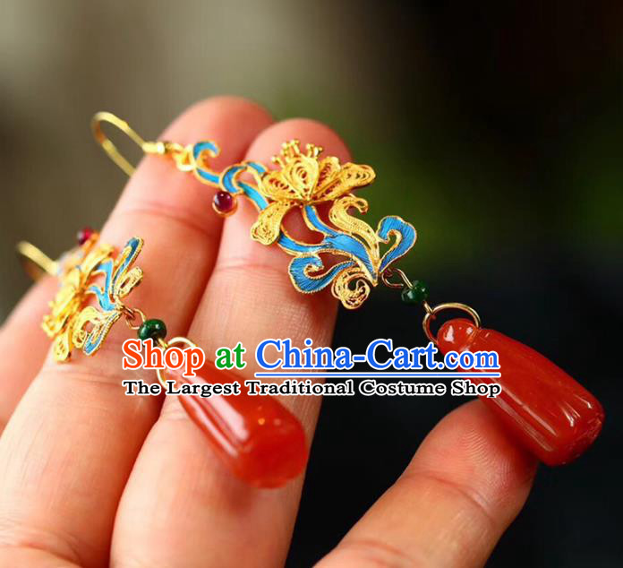 Handmade China Wedding Agate Eardrop Jewelry Traditional Cheongsam Accessories National Filigree Butterfly Earrings