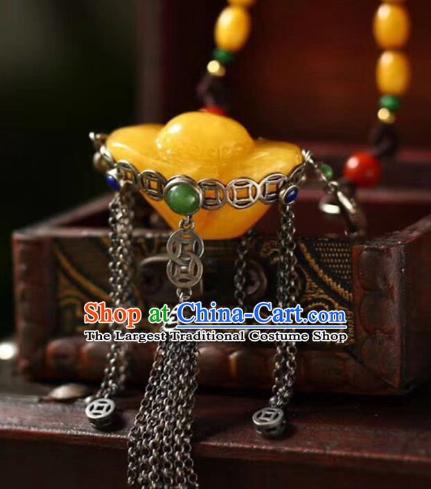 Chinese Classical Beeswax Golden Ingot Necklet Pendant Handmade Accessories National Silver Tassel Necklace
