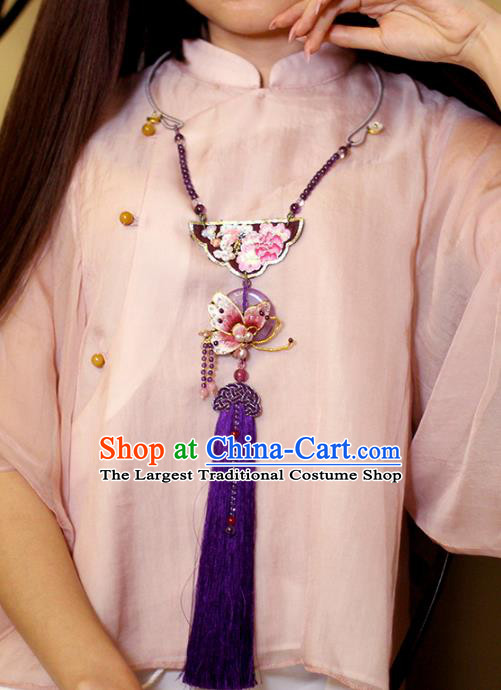 Chinese Classical Embroidered Butterfly Necklet Pendant Handmade Accessories National Purple Tassel Necklace