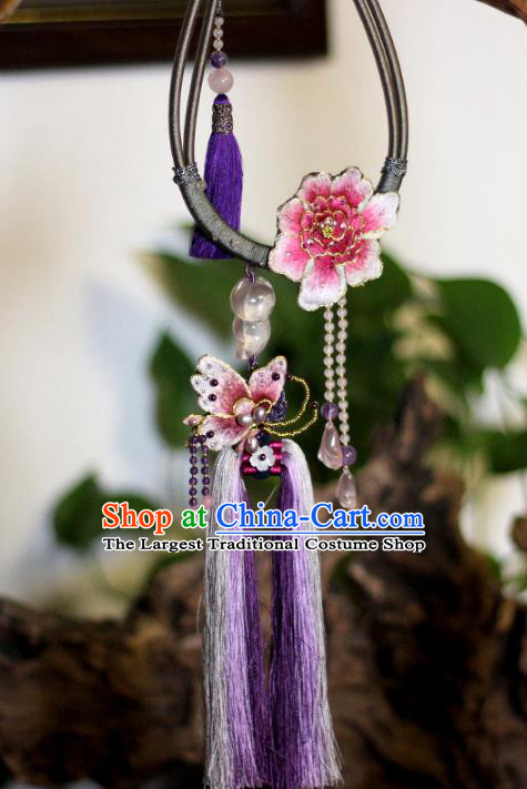 Chinese Classical Embroidered Peony Tassel Necklet Pendant Handmade Accessories National Silver Necklace