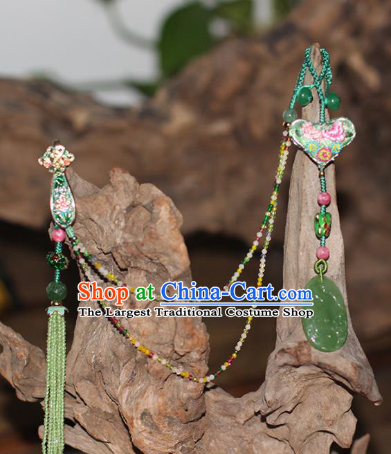 Chinese National Green Beads Tassel Brooch Jade Jewelry Traditional Handmade Cloisonne Accessories