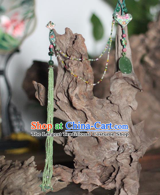 Chinese National Green Beads Tassel Brooch Jade Jewelry Traditional Handmade Cloisonne Accessories