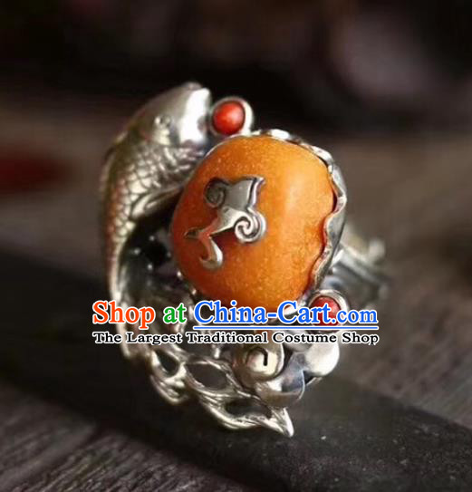 Chinese National Beeswax Ring Jewelry Traditional Handmade Silver Fish Circlet Accessories